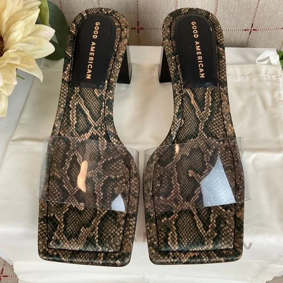 Good American Block Heel Slide Sandals Desert Snake GA119K-X New Dust Bag Size 6 - Picture 3 of 5